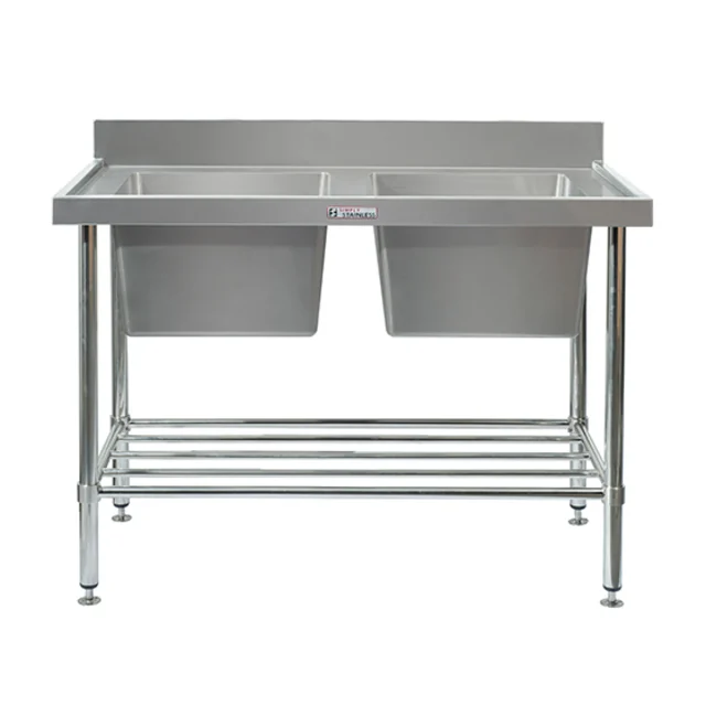 STAINLESS STEEL DOUBLE SINK BENCH WITH SPLASHBACK SS06.****