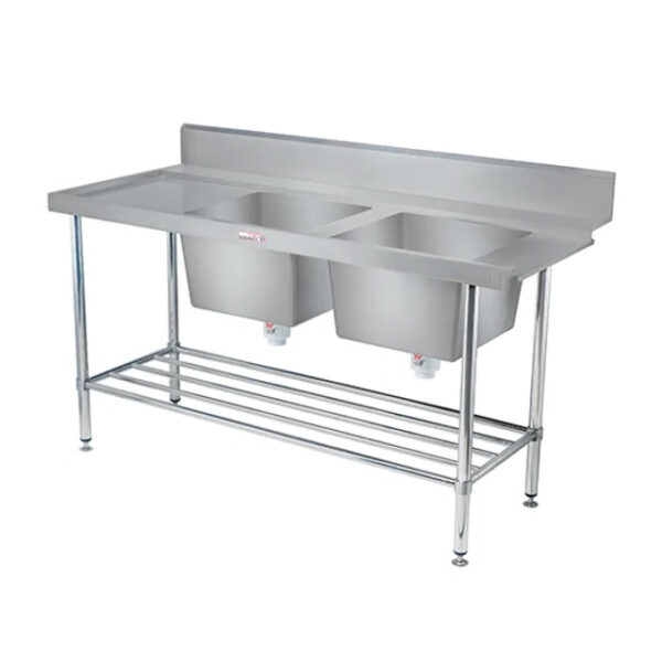 STAINLESS STEEL INLET/OUTLET BENCH WITH DOUBLE SINK & SPLASHBACK - LEFT ...